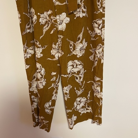 ZARA Paper Bag Waist Floral Pants Medium Tie Mustard Yellow Linen Straight - Picture 4 of 14